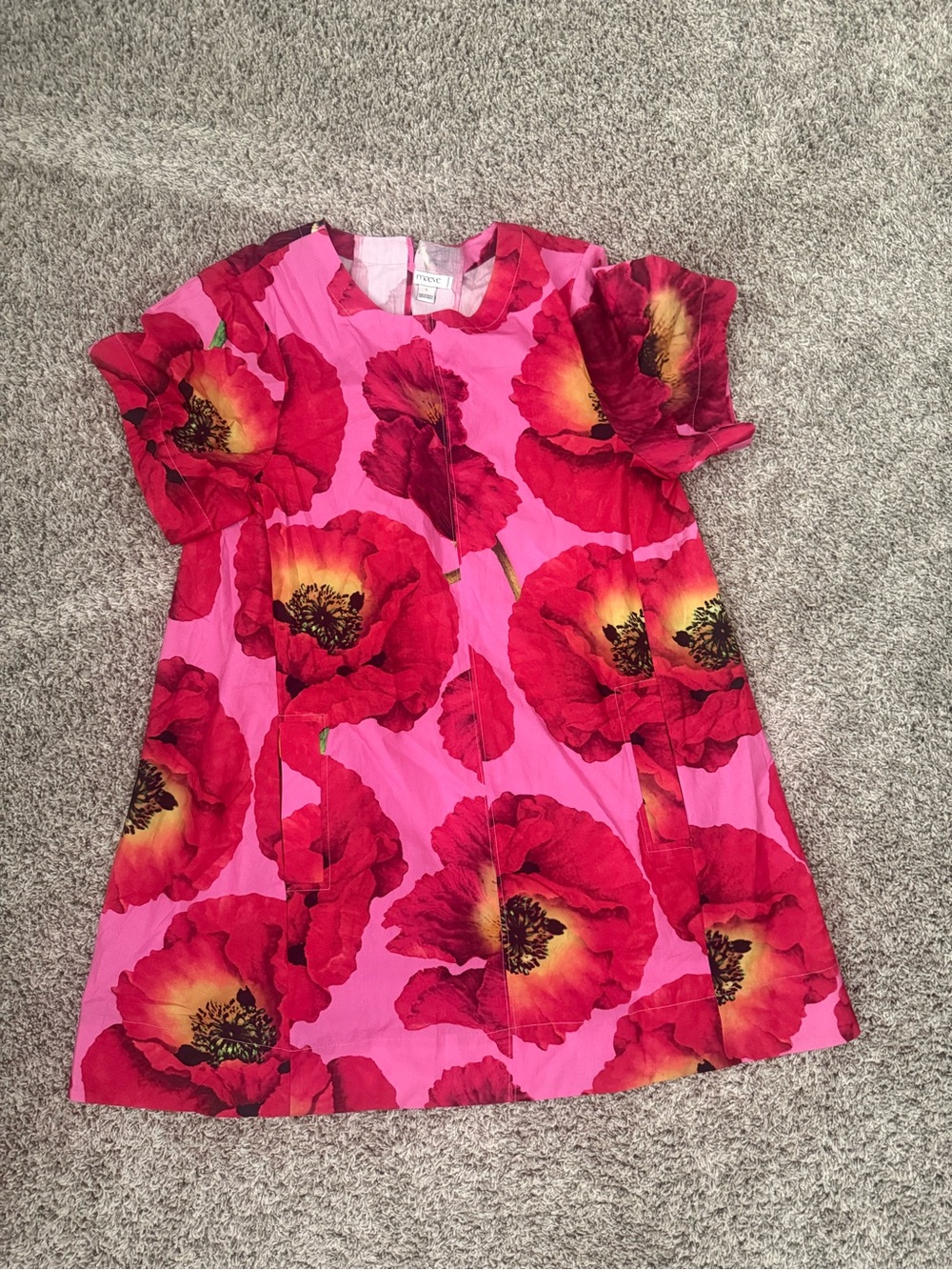 Anthropologie Pink Dress with Red and Yellow Poppy Print
